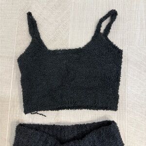 SKIMS Cozy Black Fuzzy Crop Top and Flare Bottoms